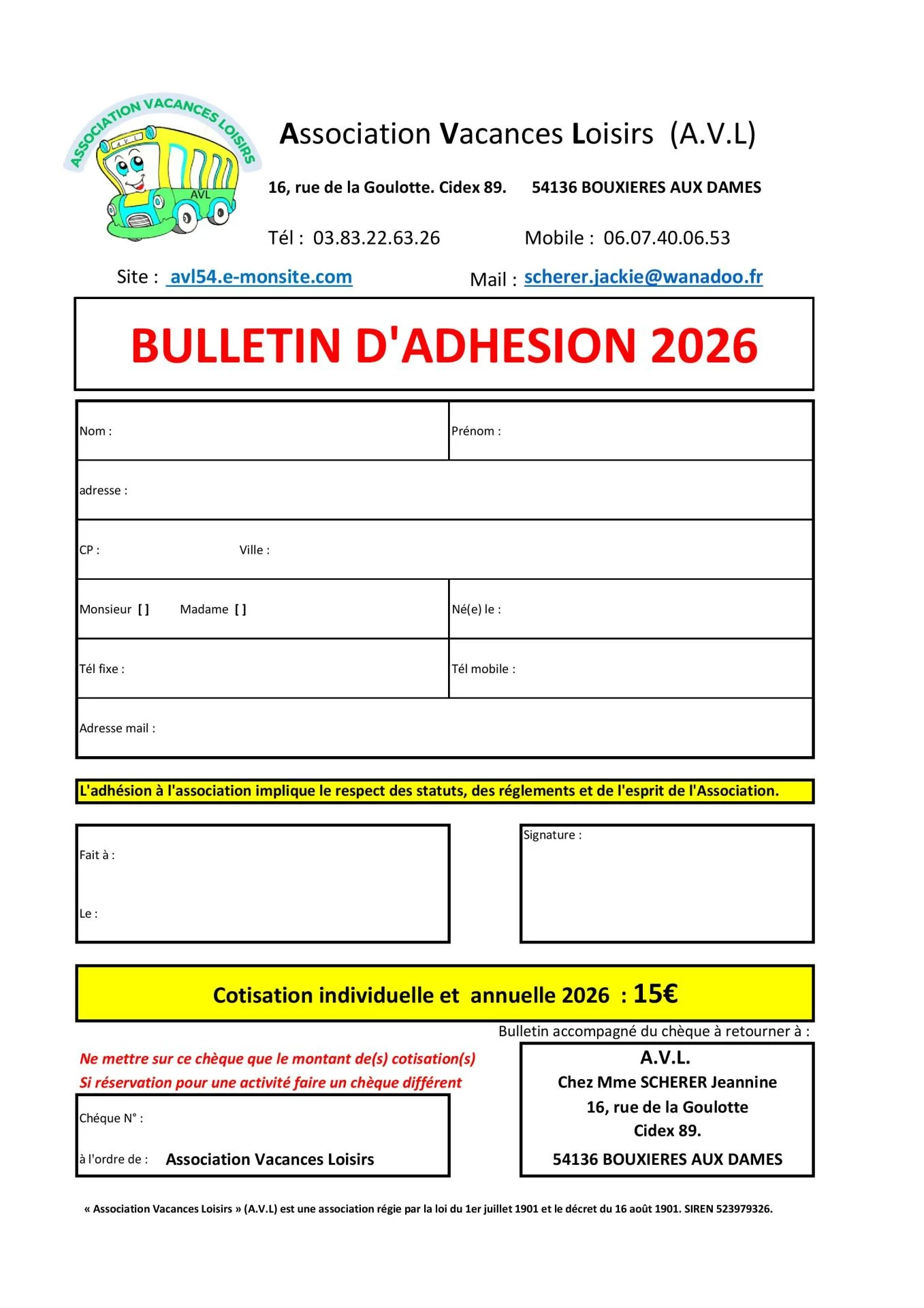 AVL bulletin d'adhésion