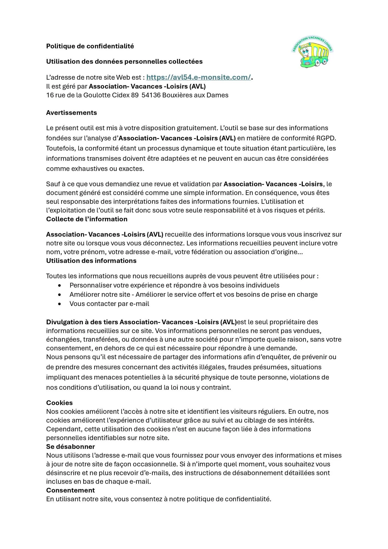 Avl politique de confidentialite 1