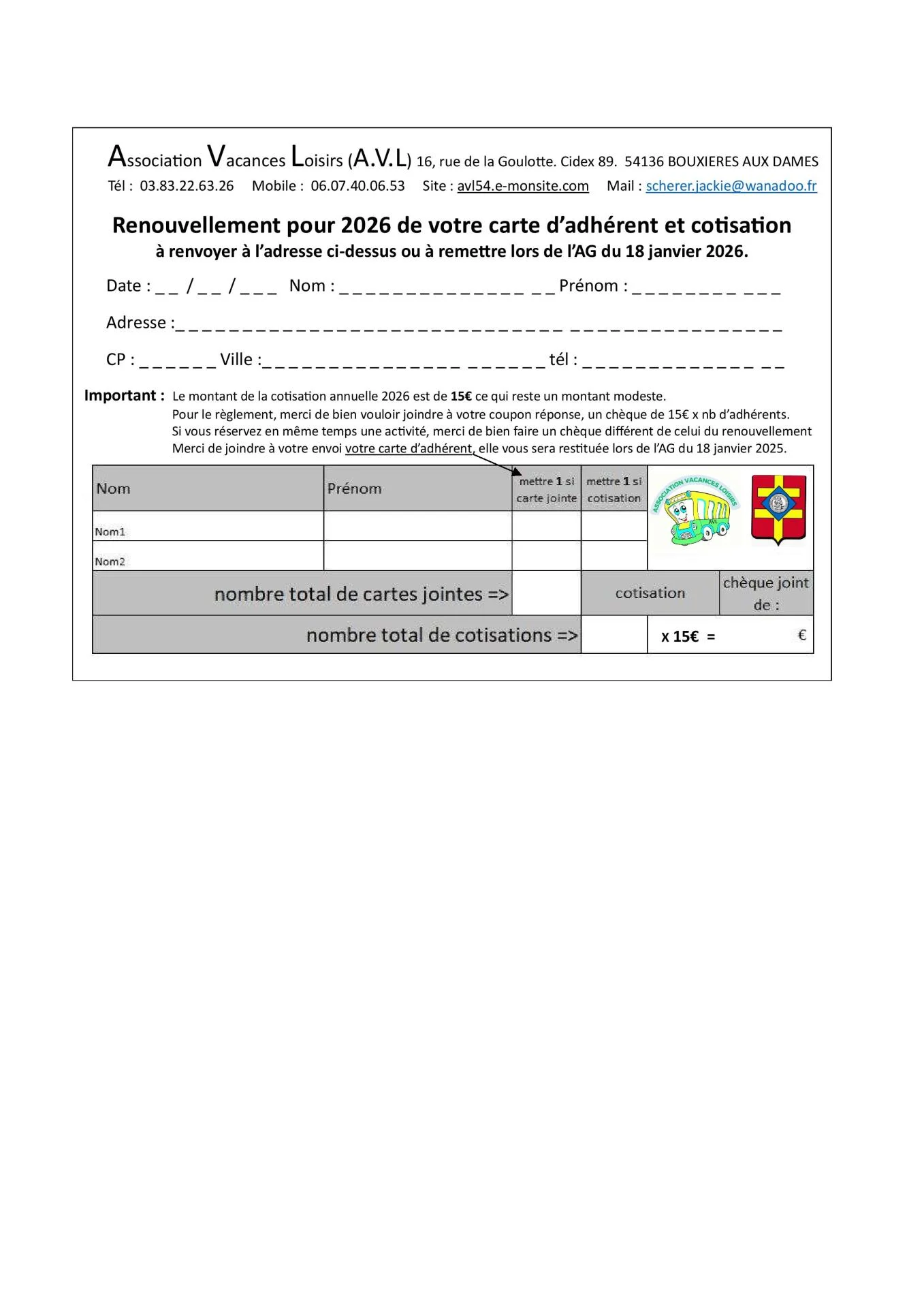 AVL renouvellement adhésion 2026