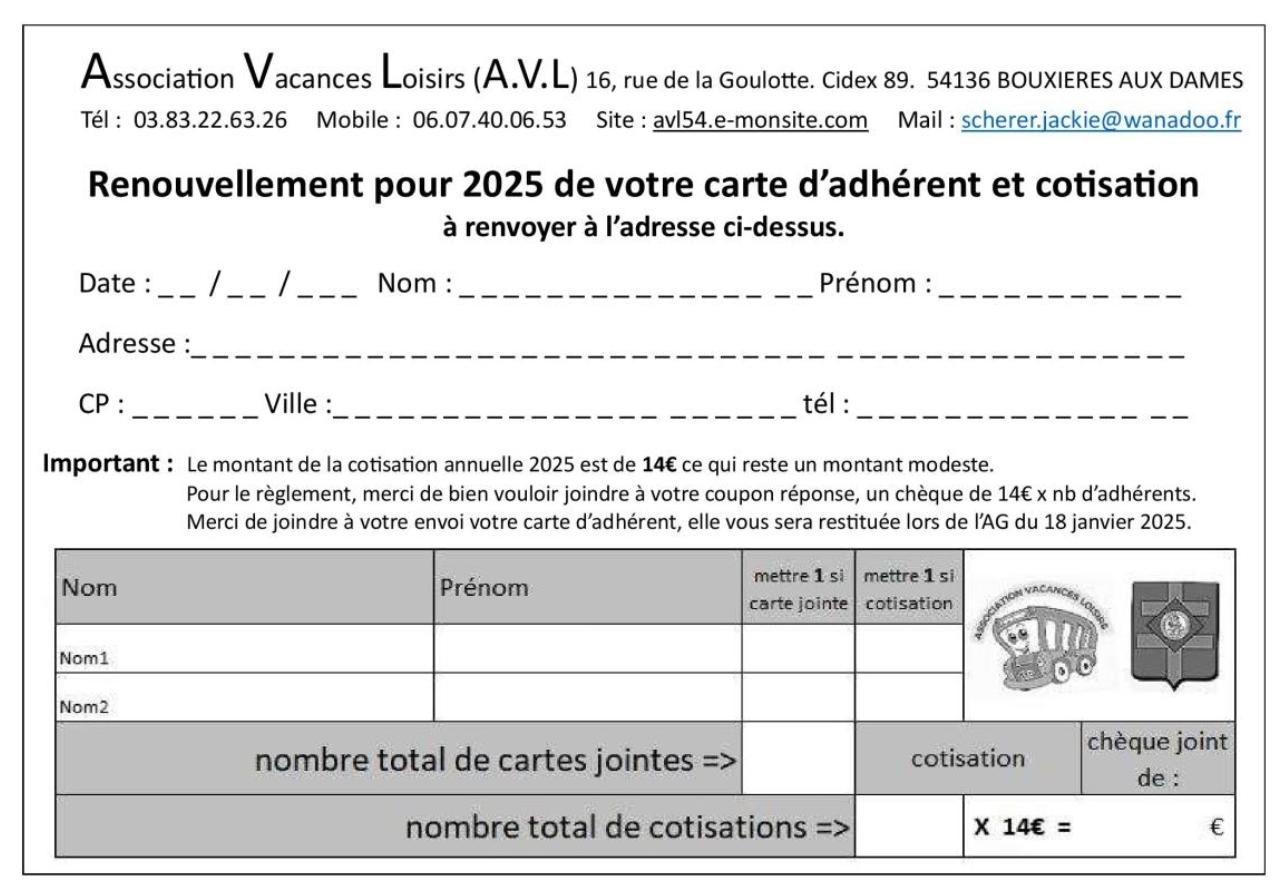 AVL coupon renouvellement d’adhésion