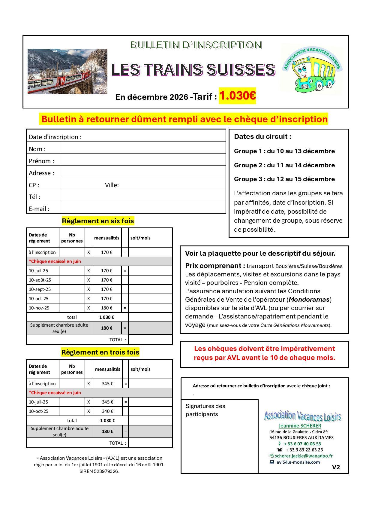 Trains suisses bulletin d inscription